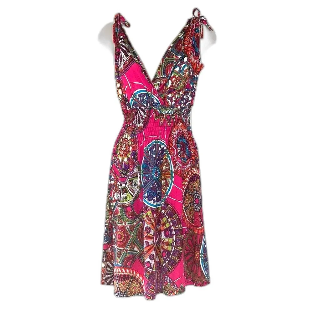 Floral Crossover Top Plunge Smock Waist Mini Dress Womens Small